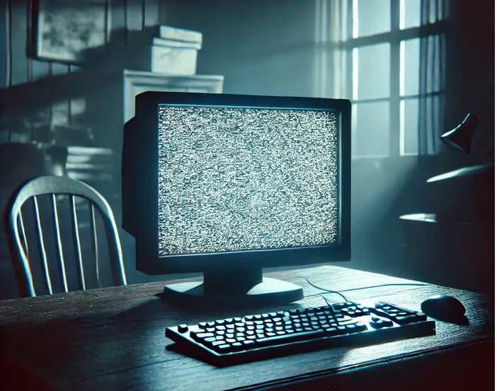 Moonlight scene of desktop computer in home office with white snow screen
