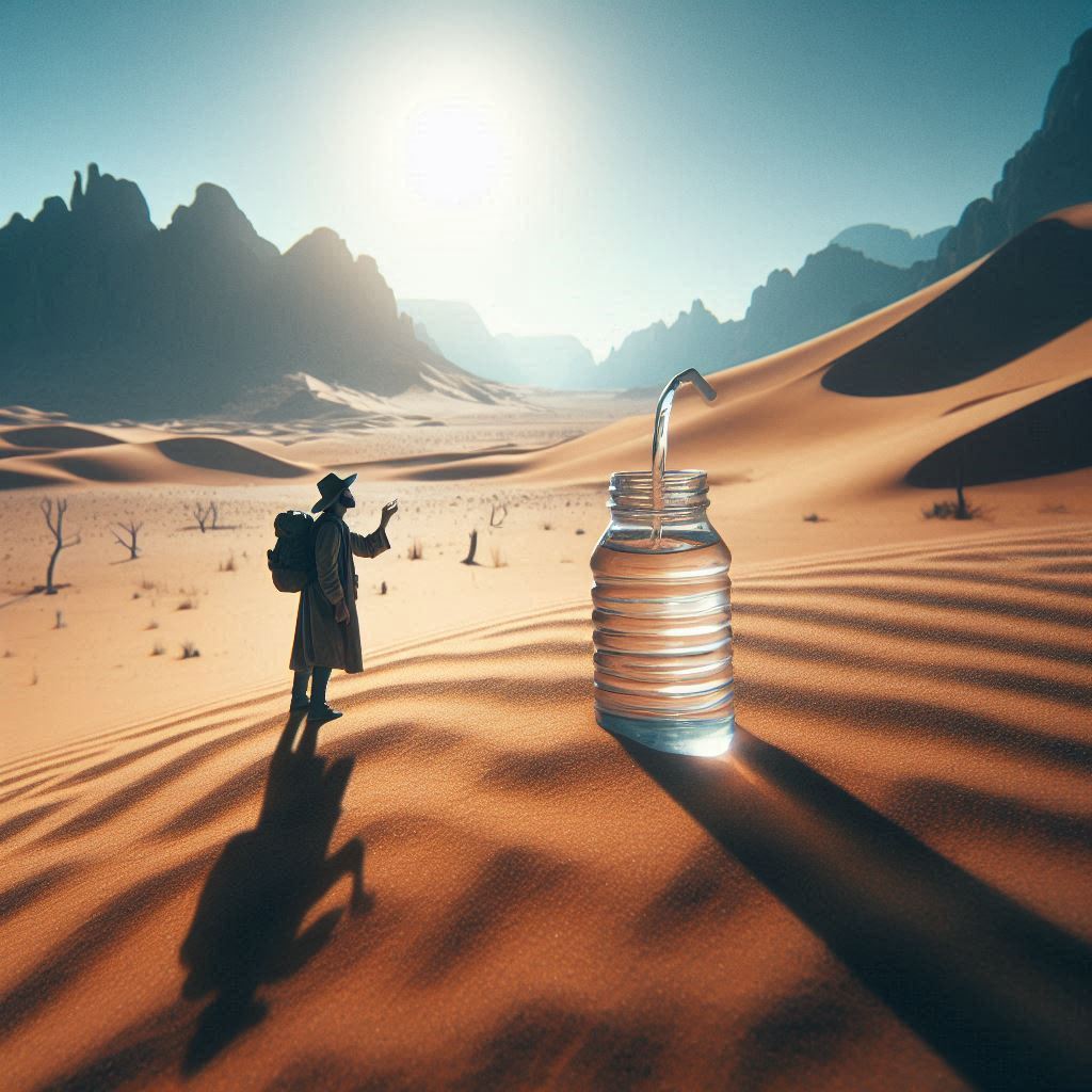 Thirsty man in desert seeing a huge bottle of clear fresh water